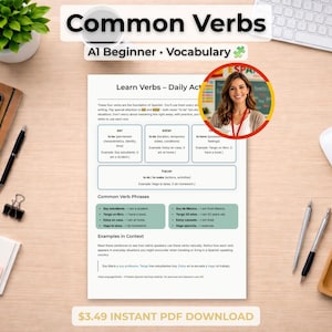 Verbos comunes en español A1 (PDF imprimible) | Cuaderno de ejercicios de vocabulario verbal para principiantes (adultos, educación en casa, adolescentes)