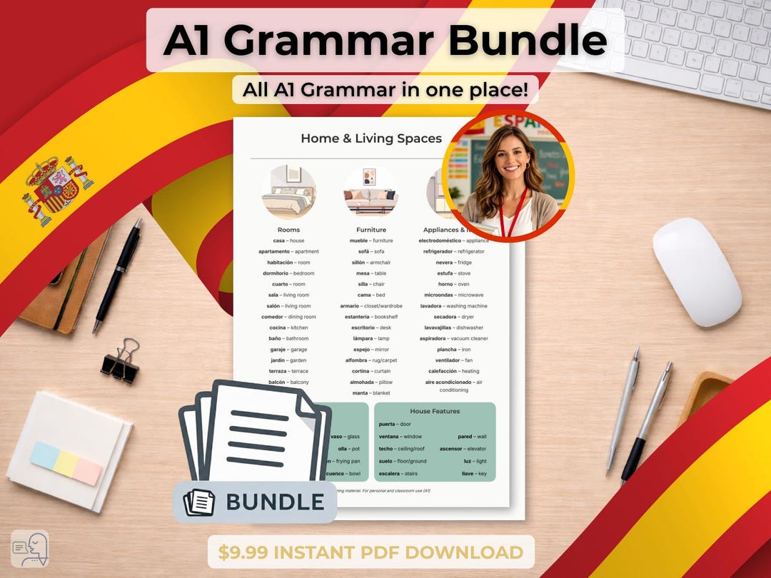 Spanish A1 Grammar Bundle Printable PDF | Beginner Worksheets Adults ...