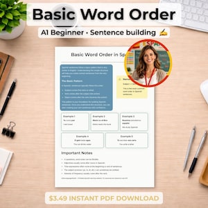 Spanish Word Order Practice A1 Printable PDF | Beginner Sentence Structure Workbook Adults Homeschool Teens