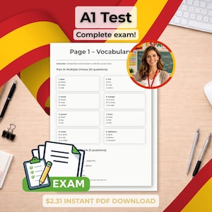 Puede incluir: Examen A1 Test con preguntas de vocabulario. La imagen muestra un escritorio con bolígrafos, un ratón y una bandera española. Se lee "Complete exam!" y "Page 1 - Vocabulary". También hay un gráfico con la palabra "EXAM".