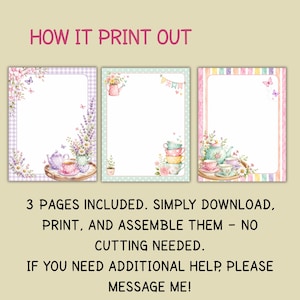 May include: Three printable stationery pages featuring tea-themed watercolour illustrations. The designs include teapots, teacups, flowers, and butterflies with checkered, polka dot, and striped borders. Text reads: HOW IT PRINT OUT, 3 PAGES INCLUDED.