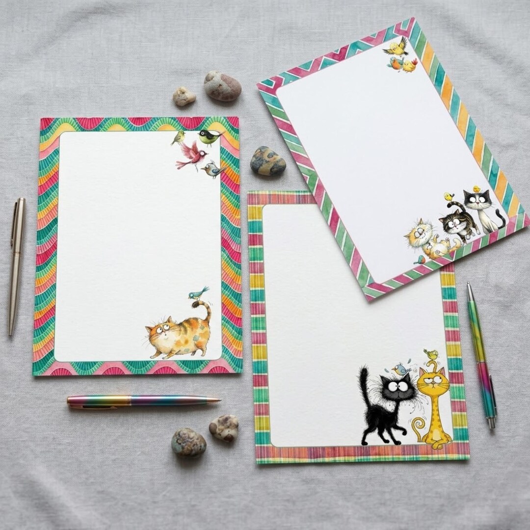 Quirky Cat Notepad Printable Cute Cats & Birds Notepad | Cat Lover ...