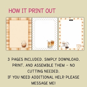 May include: Three printable stationery pages featuring coffee-themed illustrations. The first has a plaid border and a cute coffee cup. The second has a polka dot border and iced coffee. The third has a coffee bean border and brewing equipment.