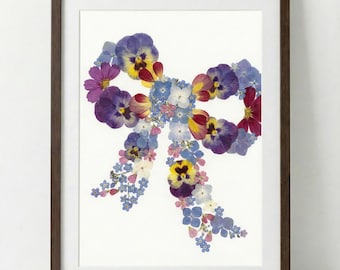 Real Pressed Flower Bow Art, Framed Coquette Ribbon Wall Decor, Colorful Pansy Botanical Gift