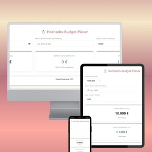 Peut inclure: Un planificateur de budget de mariage numérique affiché sur un écran d'ordinateur, une tablette et un smartphone. Les écrans affichent le titre "Hochzeits-Budget-Planer" et les détails du budget. Le budget total est de 10 000 euros, dont 0 euros dépensés.