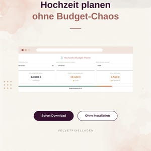 Könnte beinhalten: Eine digitale Hochzeits-Budgetplaner-Oberfläche auf einem Bildschirm mit dem Text 'Hochzeit planen ohne Budget-Chaos' und 'Hochzeits-Budget-Planer'. Das Dashboard zeigt Finanzdaten, darunter 24.000 €, 19.440 € und 4.560 €.