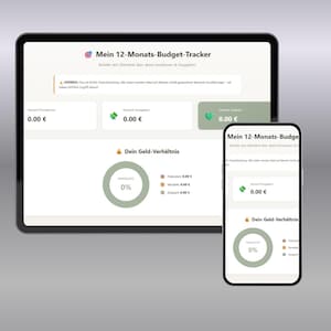 May include: A digital financial tracker displayed on a tablet and smartphone. The tablet shows the text "Mein 12-Monats-Budget-Tracker" with financial data. The smartphone mirrors the tablet's display, showing budget details.