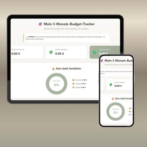 May include: A digital budget tracker displayed on a tablet and smartphone. The screen shows a three-month budget overview with sections for income, expenses, and savings. The interface includes charts and financial data, with the text "Mein 3-Monats-Budget-Tracker".