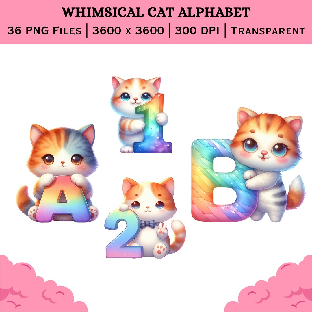 Whimsical Cat Alphabet PNG Bundle | Kitty Letters Numbers (digital ...