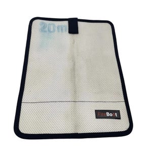 May include: A rectangular, off-white, textured fabric mat with a black border and a black tab at the top centre. The text 20m is printed in blue in the upper left corner, and a black label with the white text FireBoot is sewn on the bottom right.