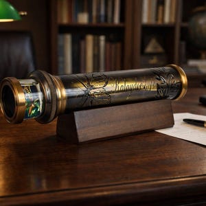 May include: A black and gold kaleidoscope with the word "Kaleidoscope" etched on the side, resting on a wooden stand. The kaleidoscope has a brass-colored end and is decorated with floral and insect designs. The image is set on a wooden desk.