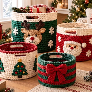 May include: A set of four round, crocheted storage baskets featuring holiday designs. One is green with a reindeer, one is red with a Santa Claus, one is white with Christmas trees, and one is red and green striped with a large red bow.
