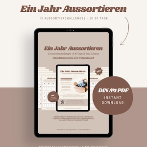 Puede incluir: Anuncio de descarga digital que presenta una guía de organización titulada "Ein Jahr Aussortieren" en una tableta. El diseño incluye un icono PDF, una insignia circular de "Descarga instantánea" y una lista de categorías de organización.