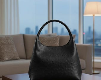 Genuine Black Ostrich Leather Hobo Bag – Luxury Slouchy Shoulder Bag