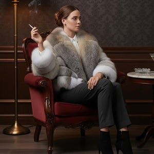 Puede incluir: Una mujer con un lujoso abrigo de piel en tonos grises, blancos y marrones, sentada en un sillón rojo. Viste una camisa blanca, pantalones grises oscuros y botines negros de tacón alto. Sostiene un cigarrillo encendido en la mano.