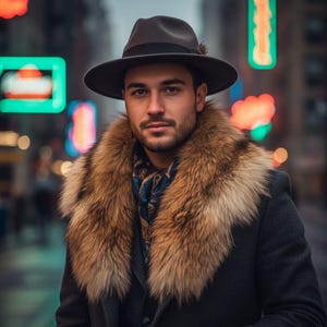 May include: A man's fashion ensemble featuring a dark gray fedora hat with a black band and feather detail. He wears a dark gray coat with a large fur collar and a patterned scarf. The background is a blurred city scene with neon lights.