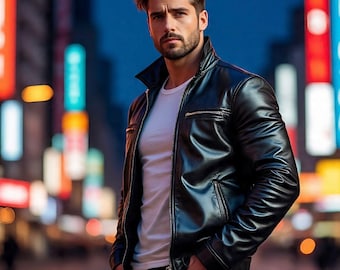 Handmade Vintage Black Leather Bomber Jacket for Mens 90s Retro Style Real Sheep Leather