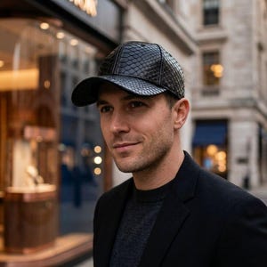 May include: A black baseball cap with a snakeskin pattern. The cap has a curved brim and is worn by a person wearing a black blazer and a gray shirt. The background shows a city street with shops.