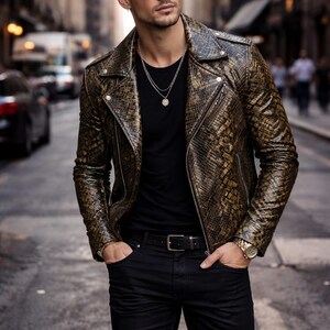 Chaqueta de piel de pitón para hombre / Abrigo de piel de serpiente exótica / Prendas de abrigo de lujo