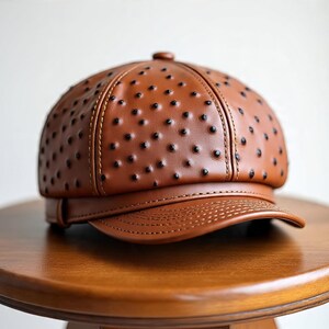 Può includere: Un cappello da giornalaio in pelle marrone con una corona arrotondata e una visiera corta e curva. Il cappello presenta una superficie strutturata con piccoli punti neri distanziati. Il cappello è su un tavolo di legno.
