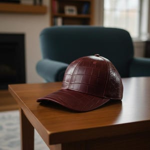 Może przedstawiać: Bordowa czapka bejsbolowa z teksturowanym wzorem przypominającym skórę krokodyla. Czapka leży na drewnianym stole w dobrze oświetlonym pomieszczeniu. Projekt czapki obejmuje zakrzywiony daszek i guzik na górze.