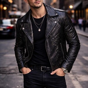 Men's Python Leather Biker Jacket – Stylish Zip-Up Outerwear, Lederjacken Herren