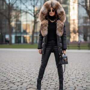 May include: A black puffer jacket with a fur-trimmed hood, worn with black leather pants and boots. A gold chain necklace and a black handbag complete the outfit. The person is wearing sunglasses.