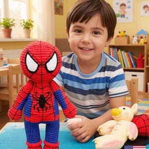 May include: A crocheted Spider-Man doll in red, blue, and black, with white eye details. The doll is displayed with a child wearing a blue and white striped shirt. The image also includes a plush toy and the text "PDF Pattern".
