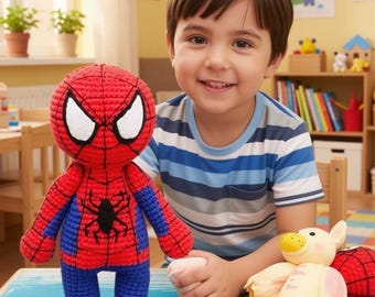 スパイダーマンの編みぐるみ編み図 – DIYスーパーヒーロー人形（PDFチュートリアル）