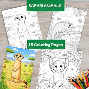 Könnte beinhalten: Eine Sammlung von 15 Ausmalbildern mit Safari-Tieren. Die Seiten zeigen Illustrationen eines Erdmännchens, eines Chamäleons und eines Affen. Der Text "SAFARI ANIMALS" und "15 Coloring Pages" ist abgebildet. Buntstifte sind unten rechts zu sehen.