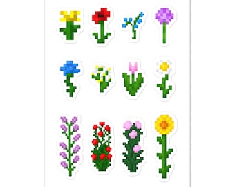 May include: A sticker sheet featuring twelve distinct pixel art flowers arranged in three rows. The designs include various floral shapes in vibrant colors such as yellow, red, blue, purple, pink, and white, each with green stems and leaves.