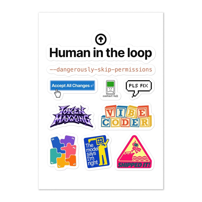 Dev Meme Sticker Sheet A5, AI Coding Laptop Stickers, Vibe Coding Programmer Gift, Human in the Loop, Software Engineer Kiss Cut Sheet