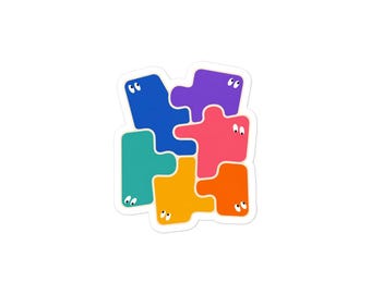 May include: A sticker featuring six interlocking puzzle pieces in blue, purple, pink, orange, yellow, and teal. Each individual puzzle piece has a pair of white eyes with black pupils, giving the collection of shapes a character-like appearance.
