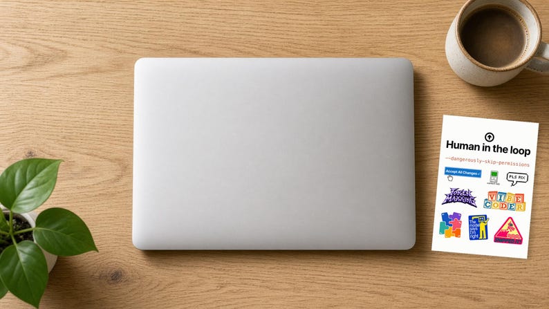 May include: A closed silver laptop sits next to a white rectangular sticker sheet featuring the text Human in the loop, --dangerously-skip-permissions, Accept All Changes, PLS FIX, FOREST MAXIMIZE, VIBE CODER, and various colorful graphic icons.