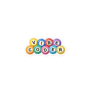 Peut inclure: Un autocollant composé d'un groupe de sphères colorées ressemblant à des boules de billard, chacune marquée d'une lettre noire. Les sphères sont disposées pour former le texte VIBE CODER sur deux lignes, en jaune, bleu, rouge, violet, orange, vert et rose.