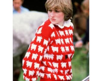Czerwony sweter z owcą – inspirowany księżną Dianą.