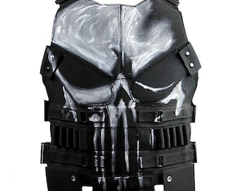 Gilet tattico ispirato a Frank Castle - Armatura da combattimento da uomo con teschio dipinto a mano. Vera pelle, ideale per cosplay.
