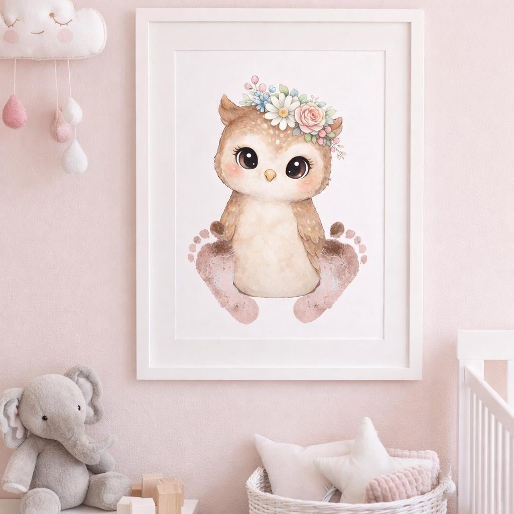 Baby Owl Footprint Print, Woodland Nursery Watercolor, Animal Wall Decor (Digital Download)