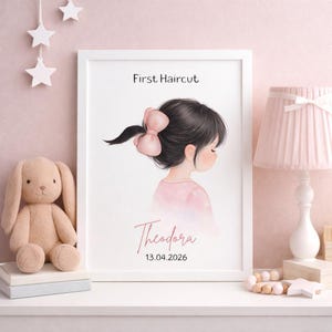 Minnestryck av första frisyr med äkta hårlock - Personligt babyminne - Flicka med svart hår