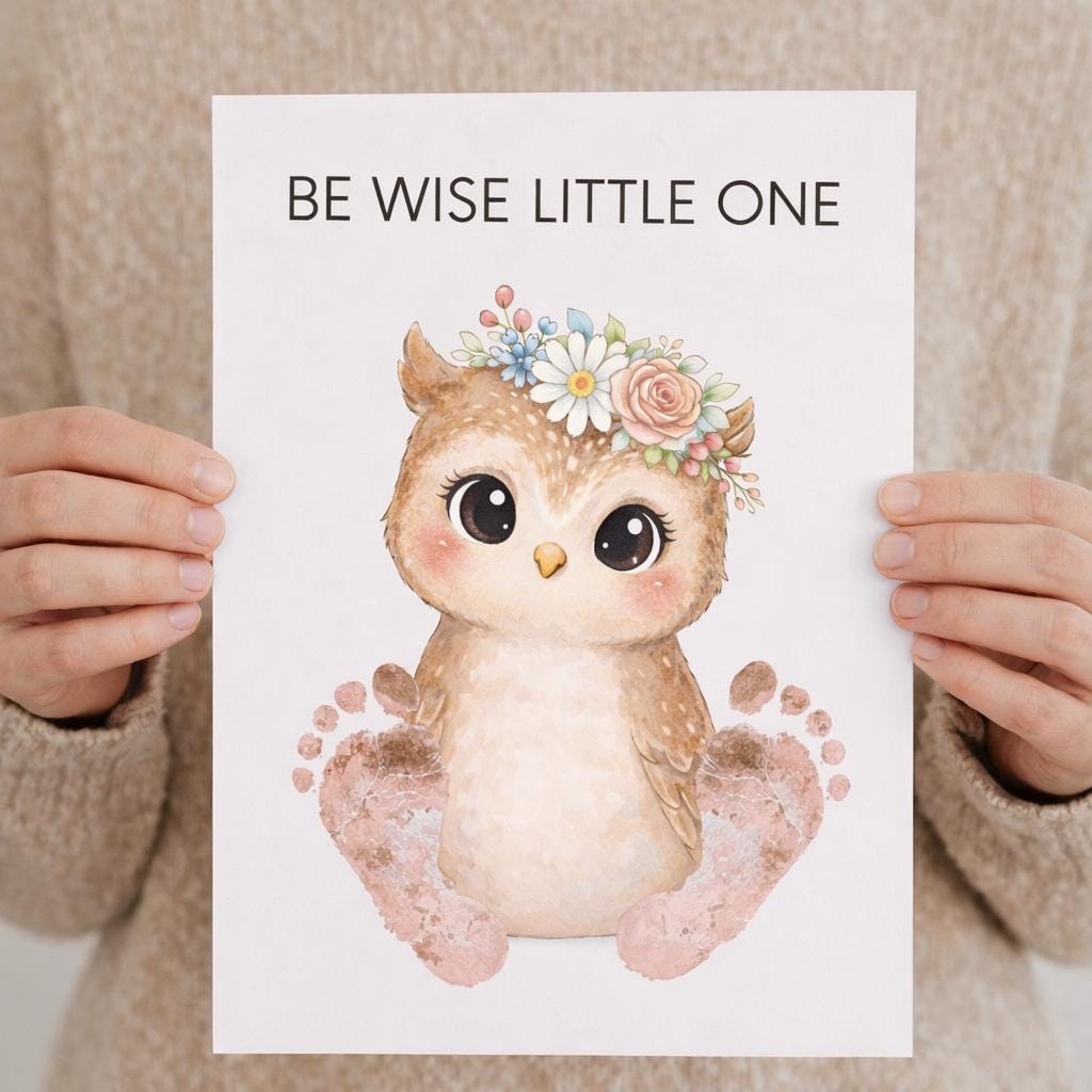 Baby Owl Footprint Art, Watercolor Nursery Quote Printable (Digital Download)