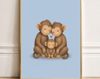 May include: A vertical wall art print featuring a light blue background with a digital illustration of a family of three brown monkeys. Two larger monkeys sit on either side of a smaller baby monkey, with a small orange heart centered above the baby.