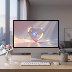 May include: A computer monitor displaying a heart-shaped image, a keyboard, and a mouse on a wooden desk. A small vase with a pink rose and a grey mug with a heart design are also on the desk. The screen shows a heart-shaped object with a planet inside.