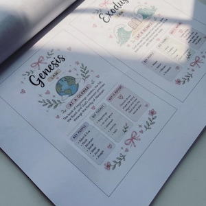 May include: A printed page featuring study notes for the books of Genesis and Exodus. The layout includes headers, sections titled At a Glance, Key People, Big Themes, and Why It Matters, decorated with illustrations of bows, flowers, and hearts.
