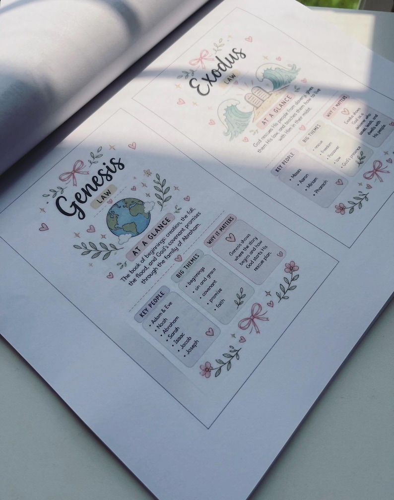 May include: A printed page featuring study notes for the books of Genesis and Exodus. The layout includes headers, sections titled At a Glance, Key People, Big Themes, and Why It Matters, decorated with illustrations of bows, flowers, and hearts.