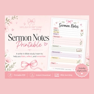 Op de afbeelding: Een printbaar preeknotitieblad in een roze kleurenpalet met bloemillustraties en strikken. Het document bevat secties voor datum, spreker, onderwerp, passage, hoofdpunten, kernverzen, toepassing en gebed met de tekst Sermon Notes.