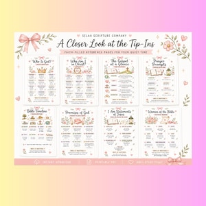 May include: A collection of eight printable reference pages titled A Closer Look at the Tip-Ins by Selah Scripture Company. Each page features floral illustrations, pink bows, and religious text including Who Is God, The Gospel, and Bible Timeline.