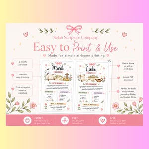 May include: A digital printable sheet from Selah Scripture Company featuring two Bible study inserts for the Gospels of Mark and Luke. The design includes pink bows, floral accents, and text boxes detailing key people, themes, and summaries.