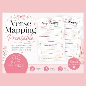 May include: A Verse Mapping printable Bible study insert featuring two sheets with sections for verse reference, translation, keywords, context, cross-references, and prayer. The design includes pink bows, floral accents, and the text Verse Mapping.