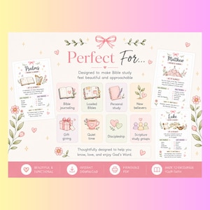 May include: A digital informational graphic featuring pastel-colored illustrations and text about Bible study resources. It includes sections titled Psalms, Matthew, and Luke, alongside icons for Bible journaling, personal study, and discipleship.