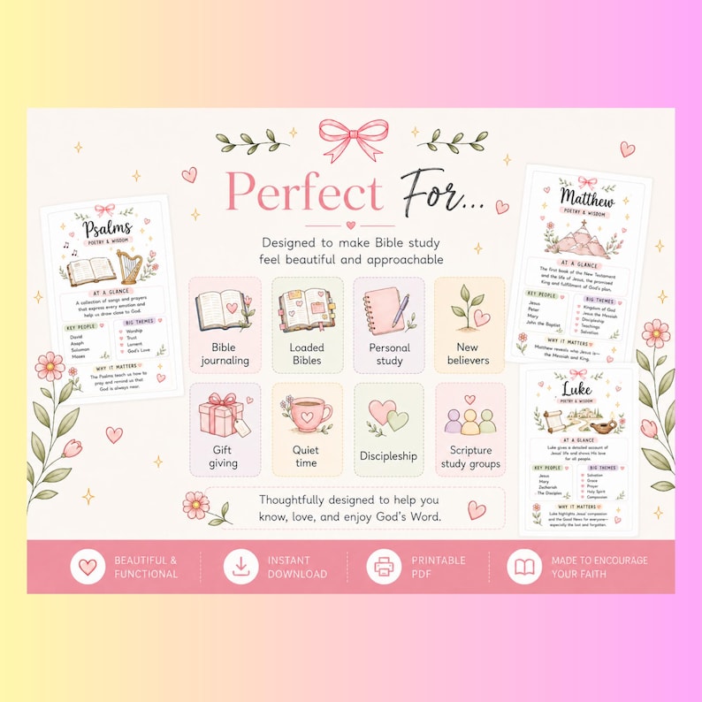 May include: A digital informational graphic featuring pastel-colored illustrations and text about Bible study resources. It includes sections titled Psalms, Matthew, and Luke, alongside icons for Bible journaling, personal study, and discipleship.